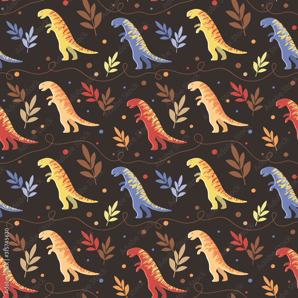 Fototapeta premium Background image of a heap of multi-colored striped tyrannosaurus on a dark background. Seamless pattern for wallpaper, textile and wrappers.