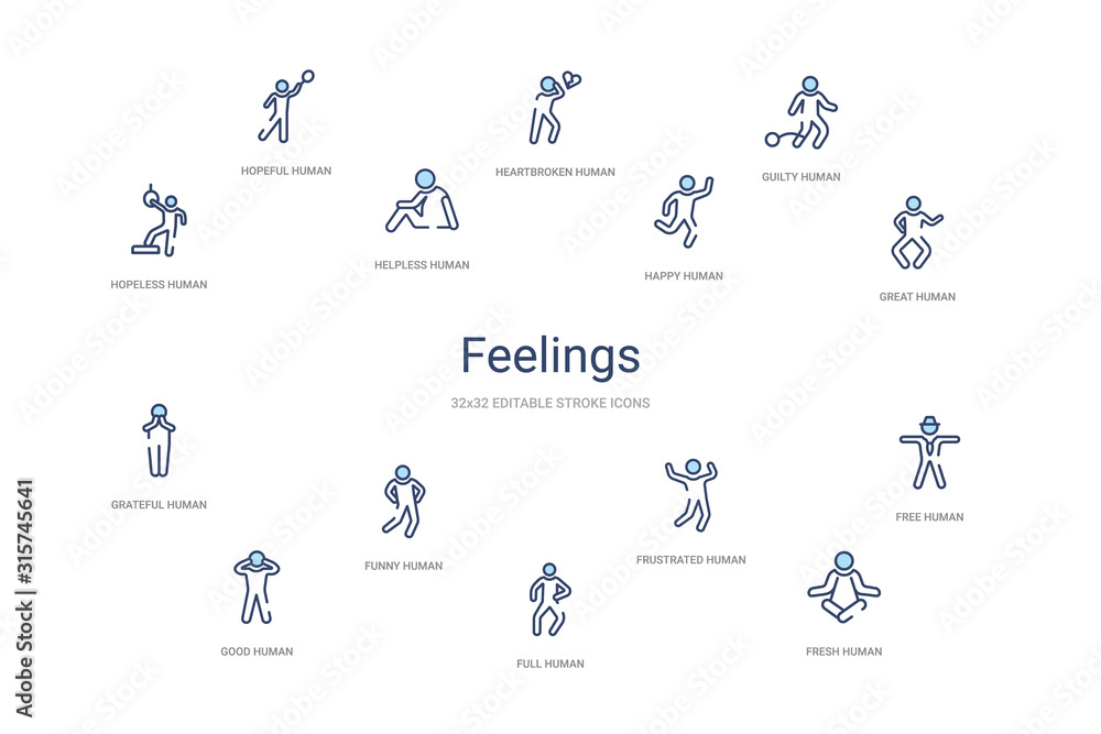 feelings concept 14 colorful outline icons. 2 color blue stroke icons - obrazy, fototapety, plakaty 