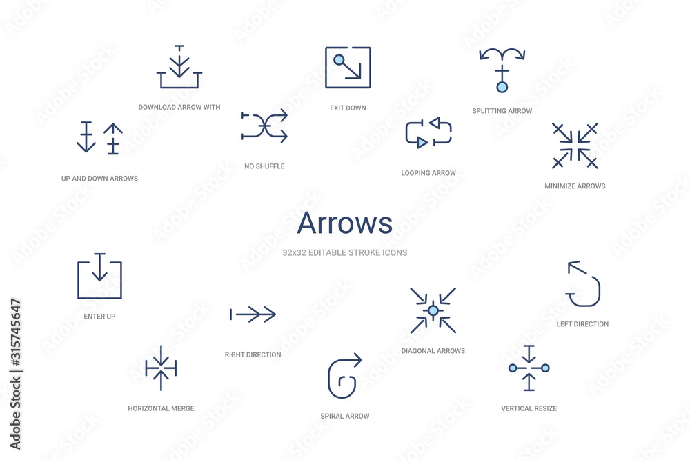arrows concept 14 colorful outline icons. 2 color blue stroke icons