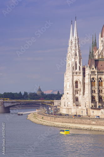 Photography amphibian bus driving on Danube water river, Budapest city Hungary