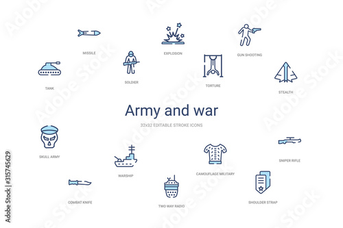 army and war concept 14 colorful outline icons. 2 color blue stroke icons