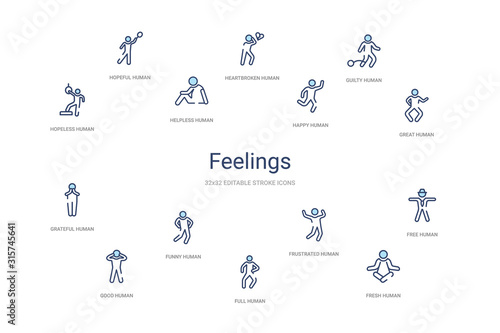 feelings concept 14 colorful outline icons. 2 color blue stroke icons
