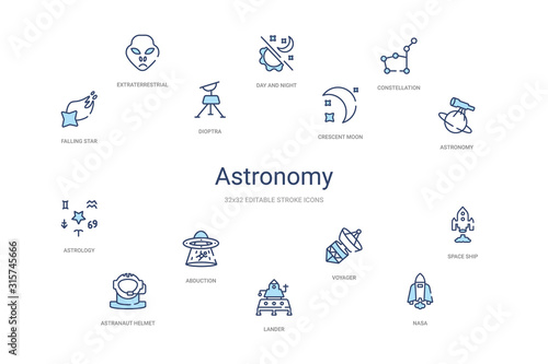 astronomy concept 14 colorful outline icons. 2 color blue stroke icons