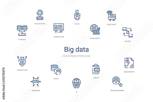 big data concept 14 colorful outline icons. 2 color blue stroke icons