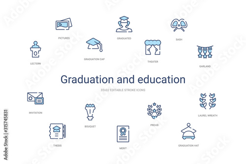 graduation and education concept 14 colorful outline icons. 2 color blue stroke icons