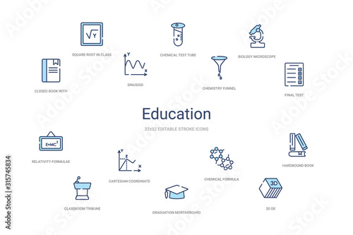 education concept 14 colorful outline icons. 2 color blue stroke icons