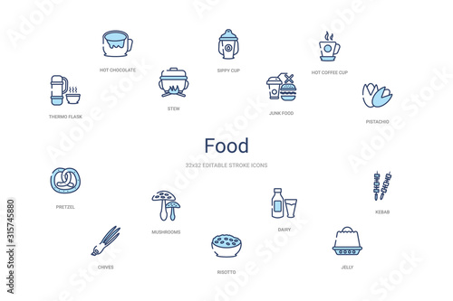 food concept 14 colorful outline icons. 2 color blue stroke icons