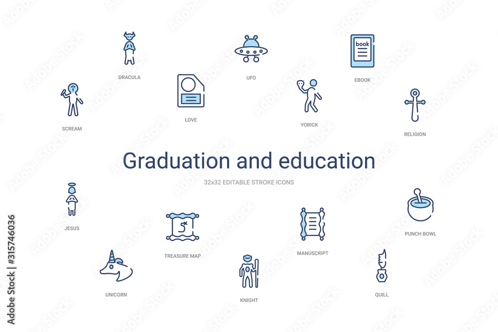 graduation and education concept 14 colorful outline icons. 2 color blue stroke icons graduation and education concept 14 colorful outline icons. 2 color blue stroke icons