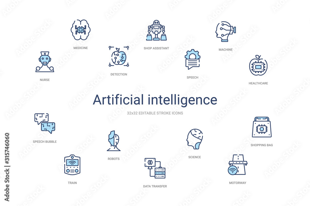 artificial intelligence concept 14 colorful outline icons. 2 color blue stroke icons artificial intelligence concept 14 colorful outline icons. 2 color blue stroke icons