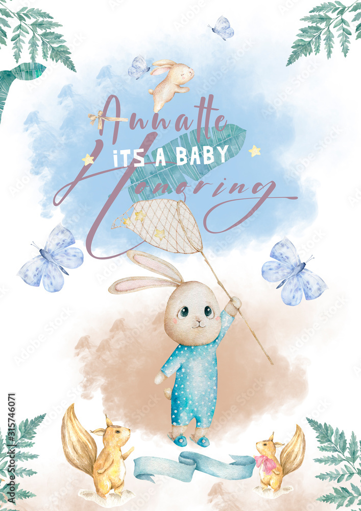 Cute happy birthday card with cartoon Bunny and baby room, butterfly and catoon. Watercolor rabbit clip art and beauty boho. Baby Shower card nursery Cute happy birthday card with cartoon Bunny and baby room, butterfly and catoon. Watercolor rabbit clip art and beauty boho. Baby Shower card nursery
