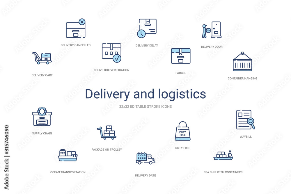 delivery and logistics concept 14 colorful outline icons. 2 color blue stroke icons delivery and logistics concept 14 colorful outline icons. 2 color blue stroke icons
