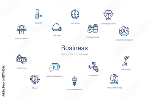 business concept 14 colorful outline icons. 2 color blue stroke icons