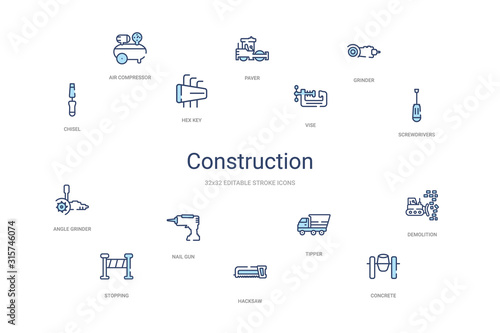 construction concept 14 colorful outline icons. 2 color blue stroke icons