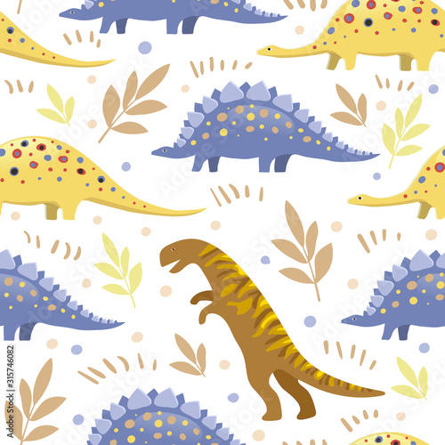 Vector image of three types of dinosaurs on a white background surrounded by circles and twigs. Seamless background for wallpaper  textile and wrapping paper.
