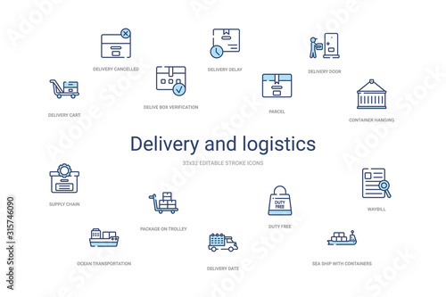 delivery and logistics concept 14 colorful outline icons. 2 color blue stroke icons