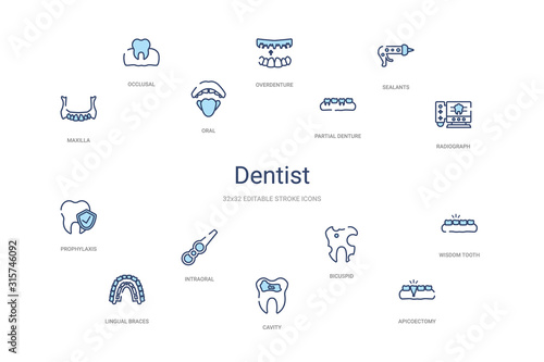 dentist concept 14 colorful outline icons. 2 color blue stroke icons