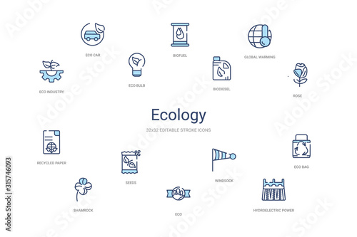 ecology concept 14 colorful outline icons. 2 color blue stroke icons
