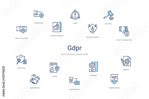 gdpr concept 14 colorful outline icons. 2 color blue stroke icons