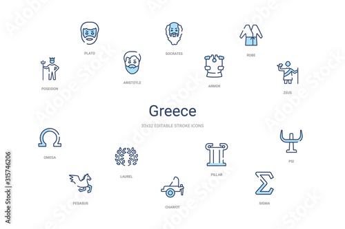 greece concept 14 colorful outline icons. 2 color blue stroke icons