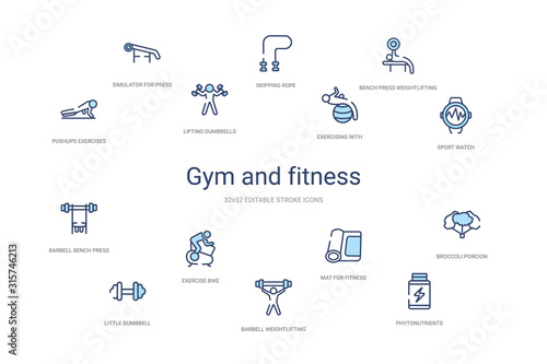 gym and fitness concept 14 colorful outline icons. 2 color blue stroke icons