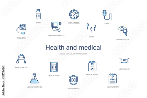 health and medical concept 14 colorful outline icons. 2 color blue stroke icons