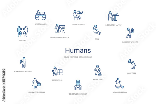 humans concept 14 colorful outline icons. 2 color blue stroke icons