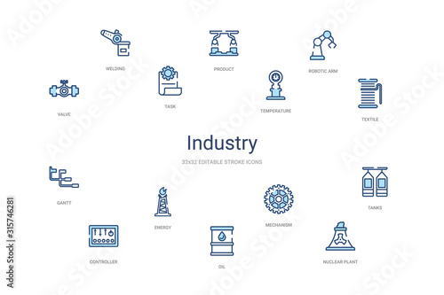 industry concept 14 colorful outline icons. 2 color blue stroke icons