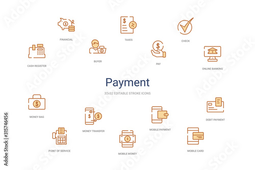 payment concept 14 colorful outline icons. 2 color blue stroke icons