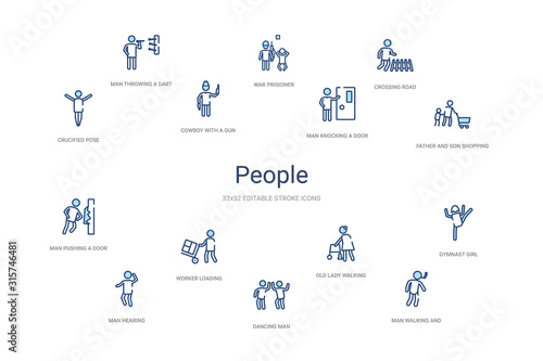 people concept 14 colorful outline icons. 2 color blue stroke icons