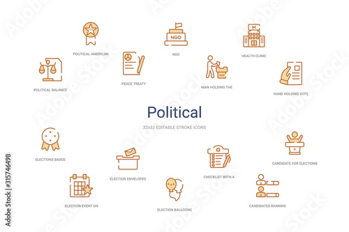 political concept 14 colorful outline icons. 2 color blue stroke icons