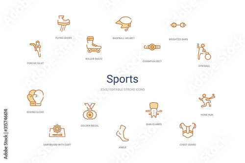 sports concept 14 colorful outline icons. 2 color blue stroke icons