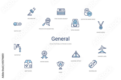 general concept 14 colorful outline icons. 2 color blue stroke icons