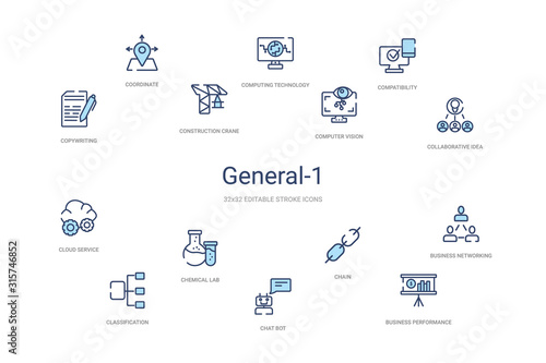 general-1 concept 14 colorful outline icons. 2 color blue stroke icons