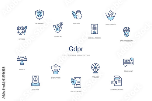 gdpr concept 14 colorful outline icons. 2 color blue stroke icons