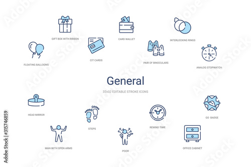 general concept 14 colorful outline icons. 2 color blue stroke icons