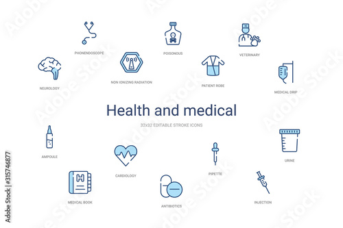 health and medical concept 14 colorful outline icons. 2 color blue stroke icons