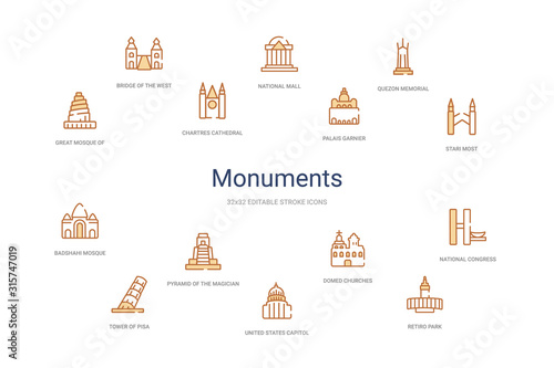 monuments concept 14 colorful outline icons. 2 color blue stroke icons