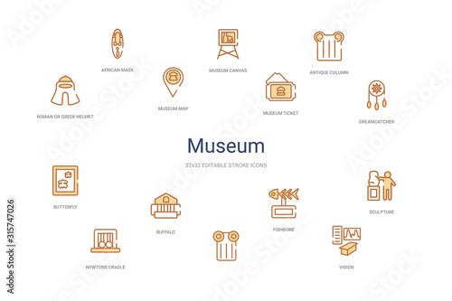 museum concept 14 colorful outline icons. 2 color blue stroke icons