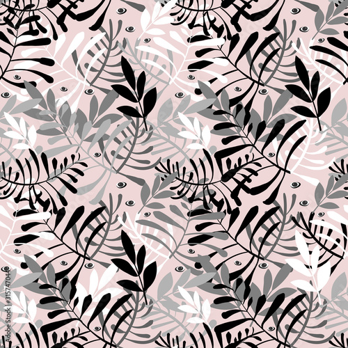 Vector image of gray, white and black twigs and leaves, as well as looking eyes on a cream background. Seamless background for wallpaper, textile and wrapping paper.