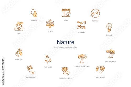 nature concept 14 colorful outline icons. 2 color blue stroke icons