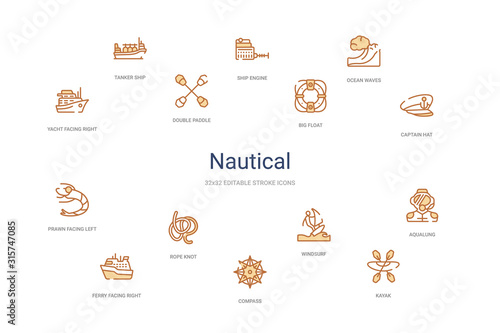nautical concept 14 colorful outline icons. 2 color blue stroke icons