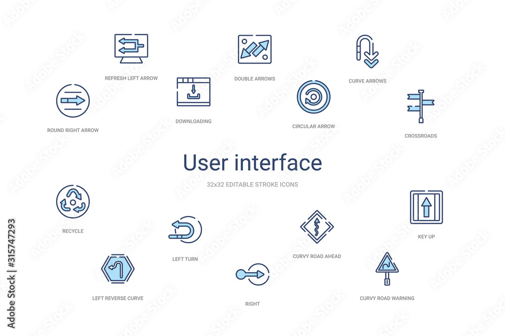 user interface concept 14 colorful outline icons. 2 color blue stroke icons