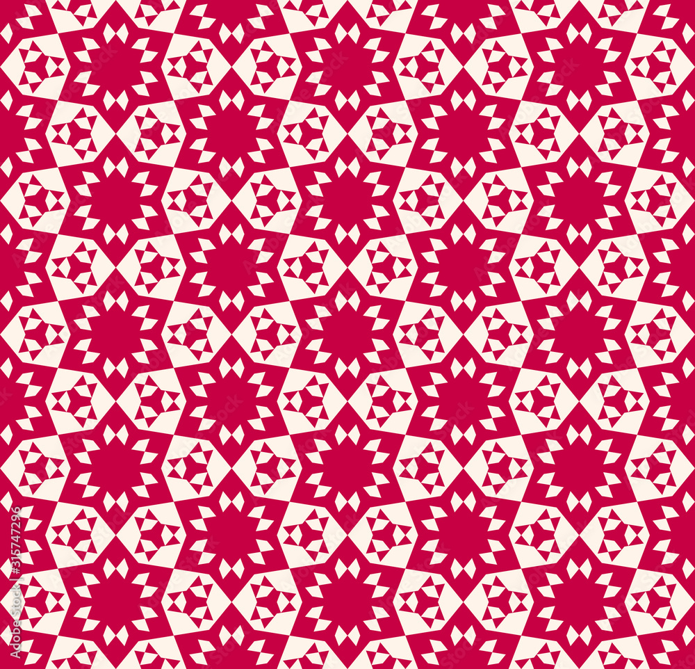 Abstract geometric floral seamless pattern. Elegant festive red and beige texture. Ornamental geometry background. Traditional Asian motif. Repeat design for decor, clothing, textile, fabric, covers Abstract geometric floral seamless pattern. Elegant festive red and beige texture. Ornamental geometry background. Traditional Asian motif. Repeat design for decor, clothing, textile, fabric, covers