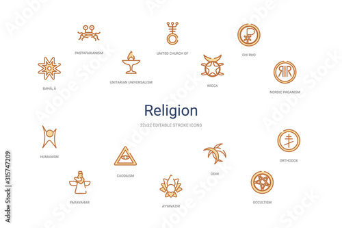 religion concept 14 colorful outline icons. 2 color blue stroke icons