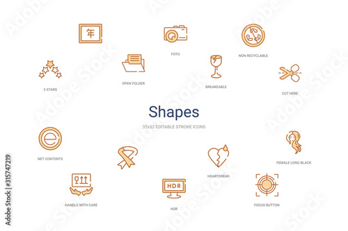 shapes concept 14 colorful outline icons. 2 color blue stroke icons