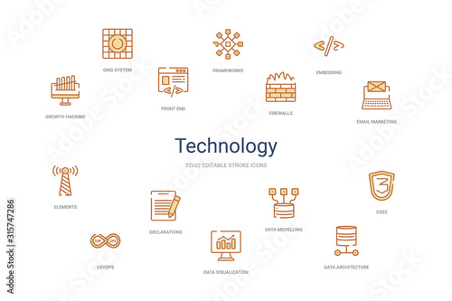 technology concept 14 colorful outline icons. 2 color blue stroke icons