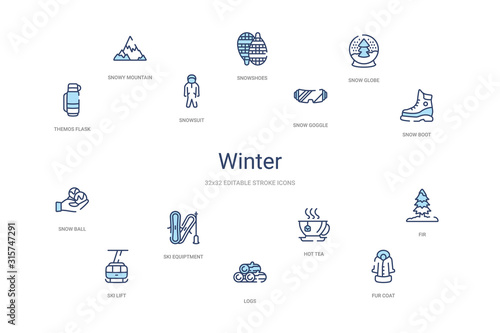 winter concept 14 colorful outline icons. 2 color blue stroke icons