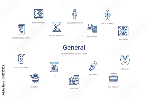 general concept 14 colorful outline icons. 2 color blue stroke icons