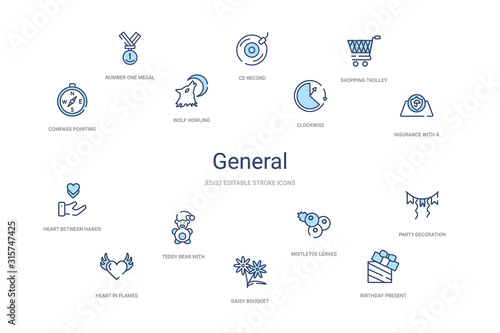 general concept 14 colorful outline icons. 2 color blue stroke icons