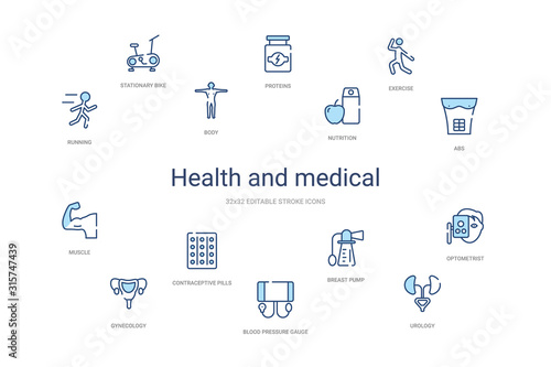 health and medical concept 14 colorful outline icons. 2 color blue stroke icons